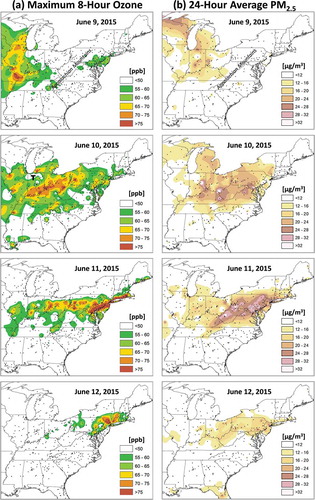 Figure 3. June 9–12 daily (a) maximum 8-hr average ozone (ppb) and (b) 24-hr average fine particle concentrations (µg m−3) across the eastern United States. Ozone and PM2.5 line up spatially with the smoke plume trek from the upper Midwest to the Mid-Atlantic by June 11. Pollutants were spatially interpolated using a tension spline method. Black dots show the location of monitors of the respective pollutant. The approximate location of the Appalachian Mountains is labeled for reference. “T” denotes an area of Indiana impacted by thunderstorms. Source: EPA’s Air Quality System (AQS).
