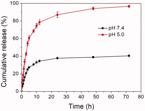 Figure 4. In vitro pH-triggered drug release profiles of multi-layered DOX-loaded NPs at pH 7.4 and 5.0.