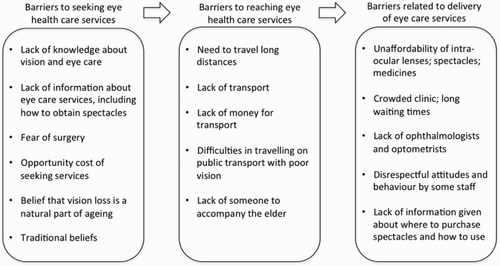 Figure 2. Summary of barriers to seeking, reaching, and receiving eye care services.