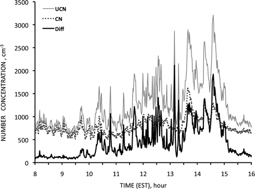 FIG. 5 (top) Extensive areas of persistent foam on the sea at Cape Grim, 08 h 8 December 2007. (bottom) Difference in concentrations recorded by TSI3025 (UCN) and TSI3010 (CN) particle counters between 08 and 16 h UTC on 8 December2007 at Cape Grim, Tasmania.