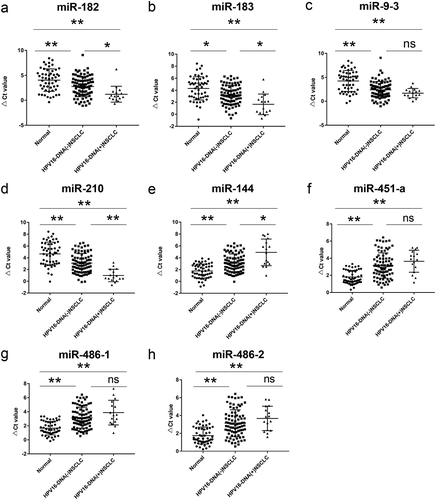 Figure 3. The expression levels of eight miRNAs in the plasma of normal human subjects, HPV16-DNA (-) NSCLC patients, and HPV16-DNA (+) NSCLC patients were measured. RT-qPCR was used to analyze the plasma levels of miR-182 (a), miR-183 (b), miR-9-3 (c), miR-210 (d), miR-144 (e), miR-451-a (f), miR-486-1 (g), and miR-486-2 (h) in 52 healthy subjects, 84 HPV16-DNA (-) NSCLC patients, and 16 HPV16-DNA (+) NSCLC patients. Note: *: P< .05, **: P < .01, ns: P > .05; the smaller the ΔCt value, the higher the expression