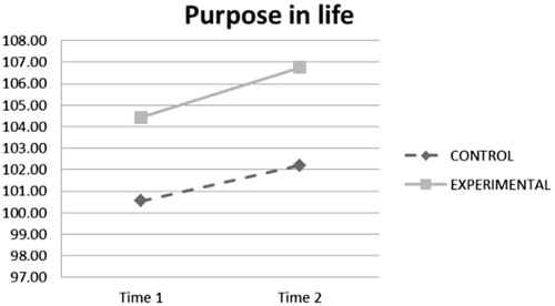 Figure 4. Interaction effect of time and experimental condition on purpose in life.