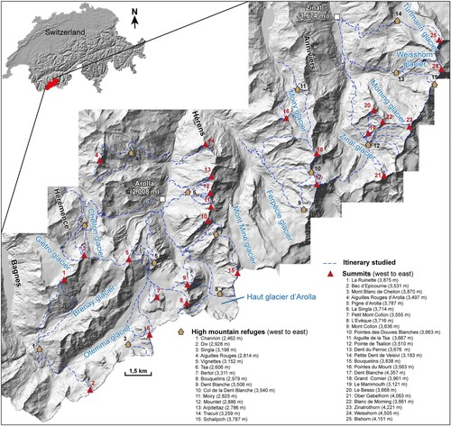 Figure 1. Location map of the Bagnes, Hérémence, Herens and Anniviers valleys in the Valais Alps (Switzerland). The 36 itineraries studied are represented with the summits they reach and the refuges concerned (alt. are in m a.s.l.). DTM SwissTopo.