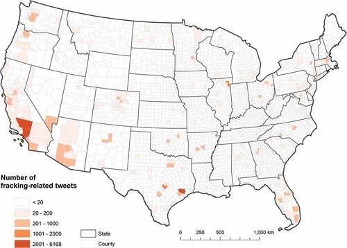 Figure 2. Number of tweets toward fracking in contiguous US counties during 2018–2019.