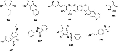 Figure 25. Aminoacylase inhibitors. 302, n-butylmalonic acid; 303, benzylmalonic acid; 304, maakiain 3-O-(6′-O-malonyl-β-d-glucoside (malonyl glucoside); 305, N-hydroxy-α-aminobutanoic acid; 306, 2-(4-ethoxyphenyl)-2-methylsuccinic acid; 307, ebselen; 308, N-(2,3,5-trichloro-4-oxocyclohexa-2,5-dien-1-ylidene)benzenesulfonamide; 309, 4-(2-aminoethyl)benzenesulfonyl fluoride (AEBSF).