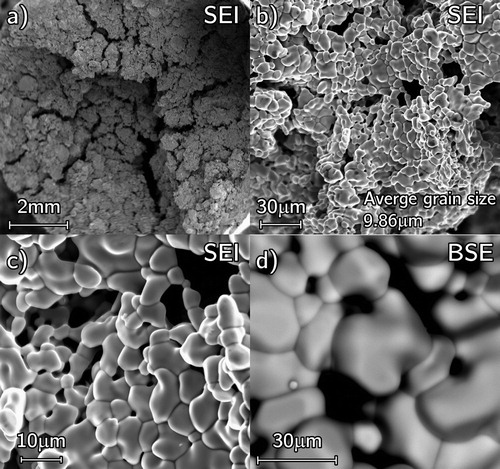 Figure 17. SEM micrographs of pressureless reacted P01 taken from mid pellet height (a) low magnification of pellet centre (b) to rim (c). A higher magnification (d) backscatter image in the rim region.