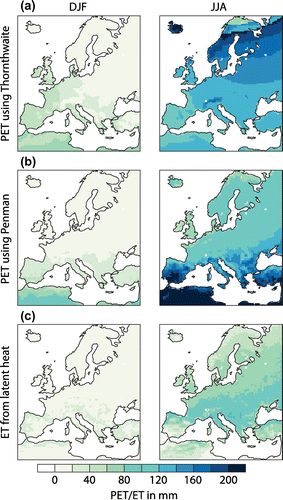 Figure 3. Potential evapotranspiration for winter (DJF) and summer (JJA) using (a) the method of Thornthwaite, (b) the method of Penman and (c) the evapotranspiration for both seasons, which is approximated by the latent heat flux.