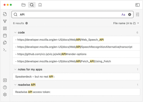 Figure 10. Obsidian search results with snippets.