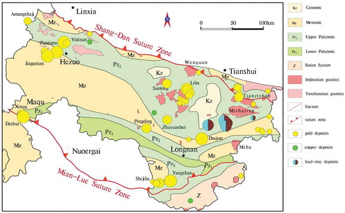 Figure 1. The distribution diagram of magmatic rocks and significance deposits in the West Qinling area (after Yang et al., Citation2012).
