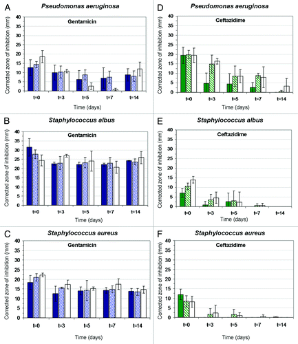 Figure 6. Histograms showing the effect of drug release on corrected zone of inhibition (CZOI) around (1% w/v) BSA loaded wound dressings (n = 3) containing 5% (w/w), 10% (w/w) and 15% (w/w) drug, as a function of pre-incubation time in PBS. (A–C) gentamicin-loaded wound dressings, (D–F) ceftazidime-loaded dressings. The bacterial strain (P. aeruginosa, S. albus and S. aureus) is indicated.Citation69