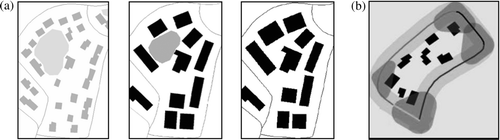 Figure 5.  Two measures that contribute to assess spatial distribution preservation: (a) number of free spaces inside a block (from Bard 2004, p. 170): initial state (left) and how it changes after a good (middle) and bad (right) generalisation; (b) presence of buildings in the corner of a block (from Taillandier 2008, p. 379).