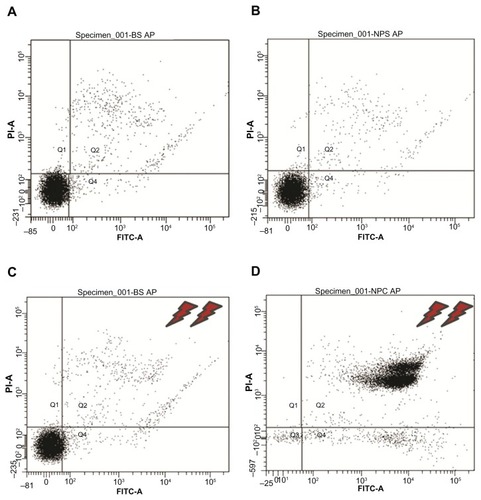 Figure 6 Flow cytometry results of the 2 × 2 experiments shown in Figure 2 (see text for details). Experiments (A–C) showed 89%–91% cell viability, whereas for experiment (D), application of magnetic fields for 30 minutes on magnetically charged cells resulted in only 9% cell survival.Abbreviations: P1-A, propidium iodide; FITC, fluorescein isothiocyanate.