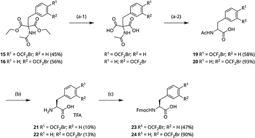 Scheme 3 Synthesis of Fmoc-protected amino acid derivatives containing CF2Br moiety. Reagents and conditions: (a-1/2) 15, NaOH, MeOH/ H2O (3:1), rt, 1 h, then 80 °C, 3 h; or: (a-1) 16, NaOH, MeOH/ H2O (3:1), rt, 4 h; (a-2) THF/ H2O (3:1), 3 h, 70 °C; (b) 19, 0.1 M phosphate buffer (pH 8), CoCl2, Amano Acylase, rt, 6 h; or: 20, 1 M aq. NaOH, pH 7.0–10, Amano Acylase, rt, 4 h; (c) Fmoc-Cl, Na2CO3, 1,4-dioxane, rt, 4 h.