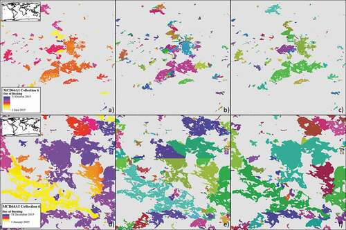 Figure 7. Burn patch extraction examples for two scenes in 2015 from Kazakhstan (top row) and Australia (bottom row). Boxes (a) and (d) show the input MCD64A1 Collection 6 burned area product, boxes (b) and (e) show the Fire Atlas “perimeters” dataset for comparison, and boxes (c) and (f) illustrate the result of burn patch identification using the proposed CRoS threshold approach. For the Fire Atlas and CRoS-derived patches, each unique colour represents a distinct burn patch.