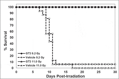 Figure 1. Efficacy of single GT3 doses (200 mg/kg) prophylactically administered on mouse survival following exposure to 9.2 Gy or 11.0 Gy cobalt-60 gamma-radiation (0.6 Gy/min). CD2F1 mice were administered GT3 24 h prior to irradiation (n = 16 per treatment group for 9.2 Gy). Mice were observed for survival for 30 days post-irradiation. Statistical analysis was performed by log rank test between the 9.2 Gy GT3 and Vehicle groups (p < .001) and the 11.0 Gy GT3 and Vehicle groups (p < .001).