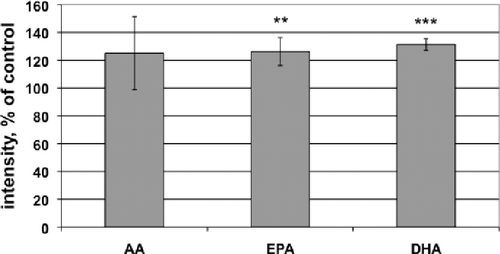 Fig. 4 The effect of PUFAs on calcein-AM efflux in Caco-2 cells: intracellular fluorescence intensity. Caco-2 cells were incubated with 100 μM PUFA for 24 hours followed by the addition of 0.25 μM of calcein-AM. The results are averages of three independent experiments. *p < 0.05, **p < 0.01, ***p < 0.001 indicate significant differences from control values.