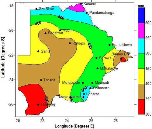 Figure 1. Mean annual rainfall in Botswana (1971–2010).