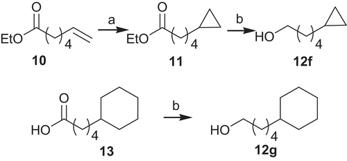 Scheme 2.  Synthesis of alcohols 12f and 12g: (a) CF3CO2H, Et2Zn, 1,2-diiodoethane, DCM, 0°C, 99%; (b) LiAlH4, Et2O, 92–99%.