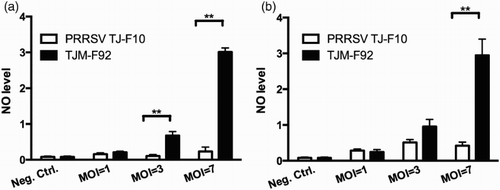 Figure 3. Dynamic changes of the NO levels in PAMs (a) and IMs (b) inoculated with different doses of the wild type (TJ-F10) or the vaccine type PRRSV (TJM-F92) (MOI = 1, 3 and 7). **p < .01.