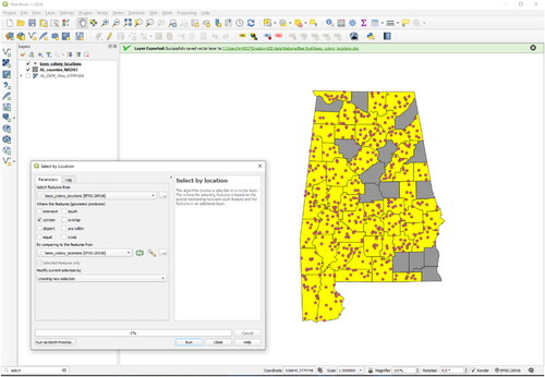 Figure 67. Result after performing a spatial query: The honey bee colonies are located within 53 different administrative districts around Alabama. The grey polygon represents the only county where no colonies are located.