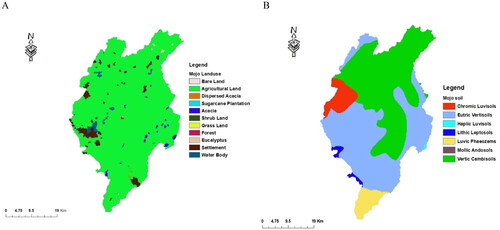 Figure 2. Mojo Catchment Land use map (A) and soil type (B) (Source: Oromiya Region water and design office and Ethiopian Ministry of Water and Energy, respectively).