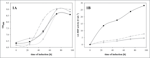 Figure 1. The recombinant Δoch1 strain was cultivated under inducing conditions in the presence of different heme precursors in shake flasks at 25°C for 96 hours. (A) OD600 values over induction time; (B) volumetric enzyme activity in U·mL−1 over induction time. Dark gray solid line with triangles, no heme precursor; light gray solid line with squares, ALA; dark dashed line with diamonds, FeSO4; back solid line with dots, hemin.