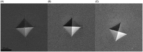 Figure 6. SEM images of typical indentations and cracks in the three different material groups. (A) High yttria content, c/a ratio 2, (B) moderate yttria content, and (C) low yttria content.