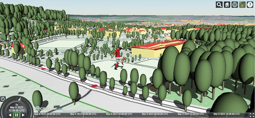 Figure 12. Remeshed pictorial 3D figure in the virtual globe CesiumJS (Cesium GS, Citation2022). The figure is placed in front of the FIFA headquarters, similar to the original map (Flynn, Citationn.d.). 2D base map, 3D buildings and trees originate from the GeoAdmin API (swisstopo, Citation2022).