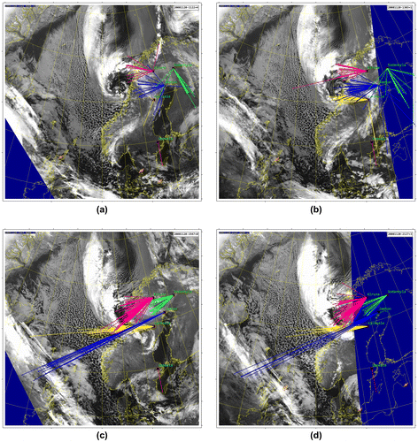 Fig. 5. Same as Fig. 4 but for 20 November 2008 at (a) 11:22 UTC; (b) 13:03 UTC; (c) 19:47 UTC; (d) 21:27 UTC.