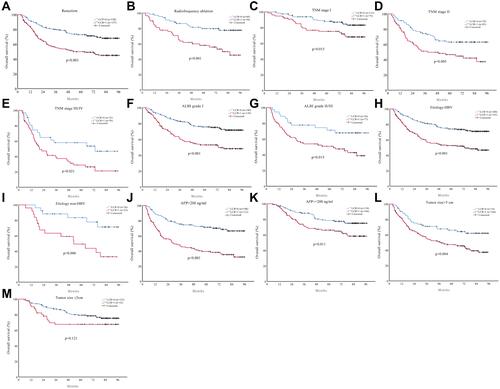 Figure 4 The prognostic significance of the LCR score in HCC patients with different disease states in the validation cohort: (A) resection, (B) radiofrequency ablation, (C) TNM stage I, (D) TNM stage II, (E) TNM stage III/IV, (F) ALBI grade I, (G) ALBI grade II/III, (H) aetiology-HBV, (I) aetiology-non-HBV, (J) AFP>200 ng/mL, (K) AFP≤200 ng/mL, (L) tumour size≤5 cm, and (M) tumour size>5 cm.