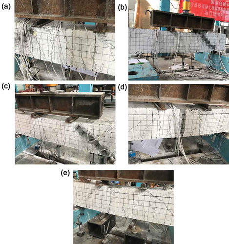 Figure 4. Failure modes of beams. (a) DSCB-0 beam, (b) DSCB-20 beam, (c) DSCB-40 beam, (d) DSCB-60 beam, (e) DSCB-80 beam.