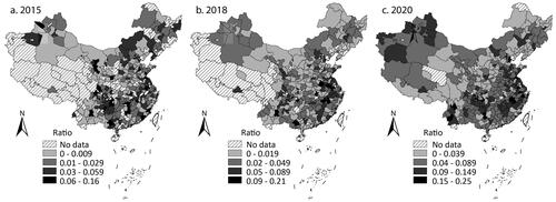 Figure 8 The ratio of the issuing amounts of local government bonds and Chengtou bonds to gross domestic product in (A) 2015, (B) 2018, and (C) 2020.