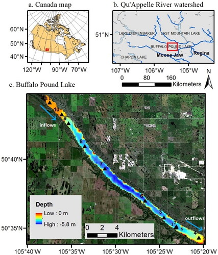 Figure 1. Map and location of Buffalo Pound Lake (BPL), Saskatchewan, Canada. (a) Location of the Qu’Appelle River watershed within Canada. (b) Location of BPL within Qu’Appelle River watershed. (c) A Landsat-8 RGB image of BPL is overlaid on a bathymetric map on which sampling stations are also shown (solid black triangles numbered 1–11).