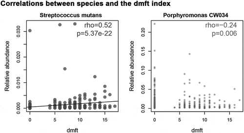 Figure 3. Correlations between microbiome at the species level and the host’s ECC severity (i.e. dmft index). In ECC, an abundance of Streptococcus mutans showed a positive correlation with the dmft index; while an abundance of Porphyromonas CW034 showed a negative correlation with the dmft index. rho: Spearman correlation coefficient