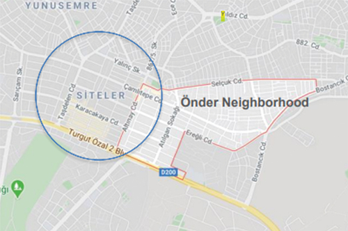 Figure 2. Önder’s location relative to the Siteler industrial area (from Google map).