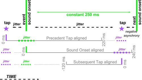 Figure 2. Acceleration and EMG data alignments. Three alignments were used to shed light on the relation between the yielded (jittery) human action and the isochronous stimulus. Two of them are aligned to tap moments – either the precedent or the subsequent tap, and one is aligned to the beep onset. Note the jitter inherent in each.