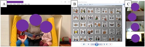 Figure 1. Online setting of the shared review discussion: A. video-recorded interaction in daycare center, B. pictures presenting attuned interaction and guidance, C. the VERP trainer and the trainees.