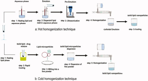 Figure 3. Preparation of solid lipid nanoparticles by (a) hot homogenization and (b) cold homogenization techniques.