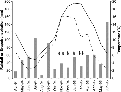 Figure 1  Monthly rainfall (bars), Penman estimate of potential soil evapotranspiration (dashed line) and average monthly temperature (solid line, 0–10cm depth), as measured during the trial in 20%M treatment in 1994–1995. Timings of irrigation events are represented by raindrop symbols.