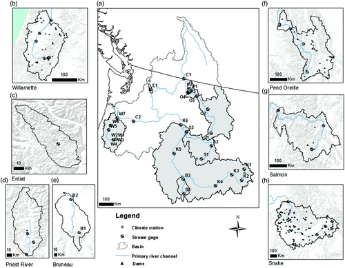 Fig. 2 Columbia River basin, showing locations of climate stations, stream gauges, and dams in the seven sub-basins examined in this study (a) overview of Columbia River basin showing seven sub-basins, (b) Willamette River (W), (c) Entiat River (E), (d) Priest River (P), (e) Bruneau River (B), (f) Pend Oreille River (O), (g) Salmon River (S), and (h) Snake River (S). Codes are one-letter basin abbreviation and number of gauge, from headwaters to downstream.