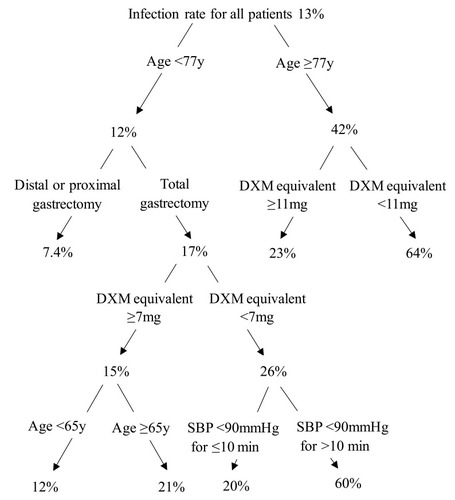 Figure 2 Study classification tree. Beginning with the root node, the infection rate for all patients in the cohort was 13%. The first node depicted was age, with an infection rate of 42% for age ≥77 y and 12% for age <77 y. For age ≥77 y, the rate of infection decreased to 23% when DXM equivalent ≥11mg, and the rate of infection increased to 64% when DXM equivalent <11mg. For age <77 y, total gastrectomy, dexamethasone equivalent <7 mg, and systolic blood pressure <90 mmHg for >10 min increased the infection rate, whereas distal or proximal gastrectomy, dexamethasone equivalent ≥7 mg, and systolic blood pressure <90 mmHg for ≤10 min decreased the infection rate.