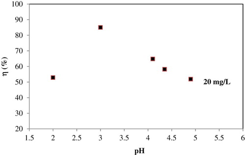 Figure 4. Effect of pH on the removal ratio of Fe (III) ions at room temperature, adsorbent weight = 0.9 g, and t = 120 min.