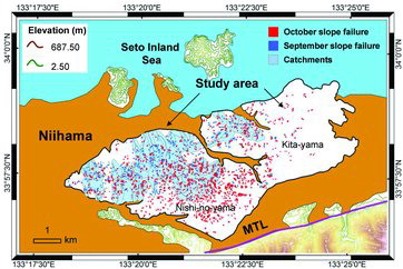 Figure 2. Distribution of slope failures of September and October of 2004 in selected catchments of Niihama.