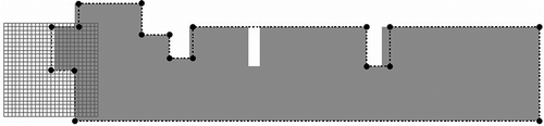 Figure 2. A simplification boundary plotted via cartographers' expertise. Dark grey represents the building to be simplified. The dotted line depicts the expected boundaries after simplification. A 24 × 24 detector is situated on the left side of the building.