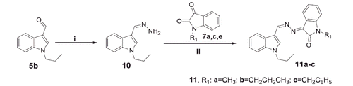 Scheme 3. Synthesis of target compounds 11a–c; Reagents and conditions: (i) EtOH/NH2NH2.H2O/reflux 2 h and (ii) EtOH/AcOH (catalytic)/reflux 3 h.