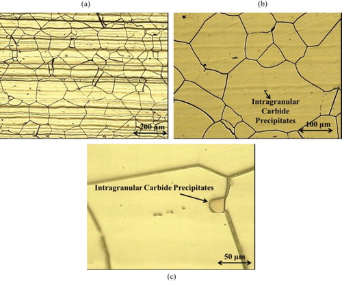 Figure 3. Light optical micrograph of Incoloy 825 base metal in three different magnifications: (a) 200 µm, (b) 100 µm and (c) 50 µm.