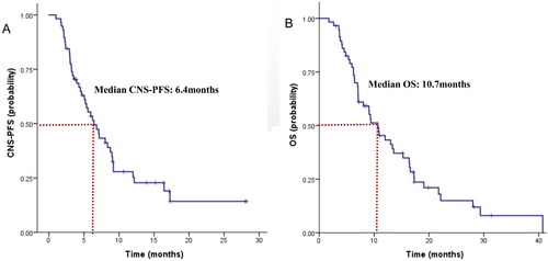 Figure 1. Survival curve in HER2-negative breast cancer patients with brain metastases (BMs) at baseline. (A) CNS-PFS curves of patients with BMs; (B) OS curves of patients with BMs.