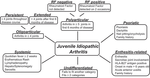 Figure 1. Classification of juvenile idiopathic arthritis by subtype. This schematic illustration highlights the major clinical and laboratory characteristics that are used to differentiate the various subtypes of JIA [Citation2]. The disease subtype can have a significant influence on the patient’s prognosis and treatment approach.