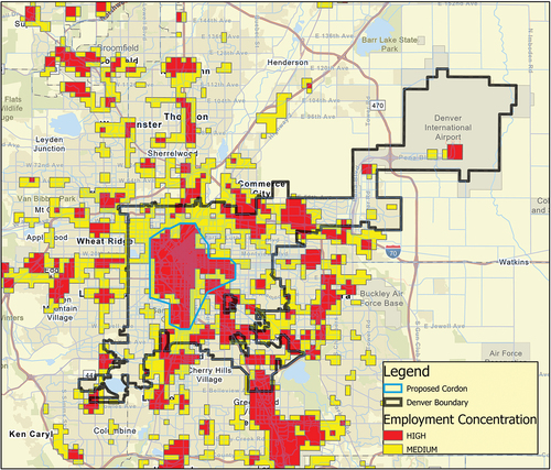 Figure 2. Proposed Denver cordon area and employment concentrations.