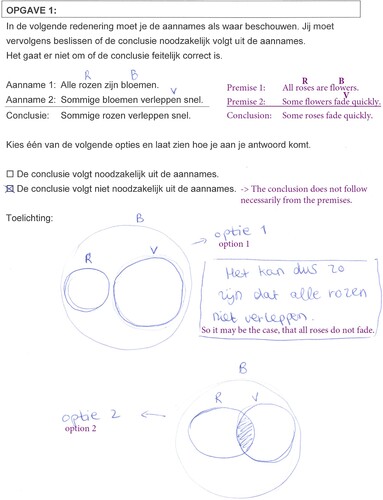 Figure 2. Example solution item 1, student from experimental group, English translation in purple.